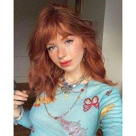 VEBONNY Copper Red Wigs with Bangs, Wavy Bob Wig, Loose Curly Auburn Wigs for Women,Ombre Ginger Color Synthetic Hair Glueles