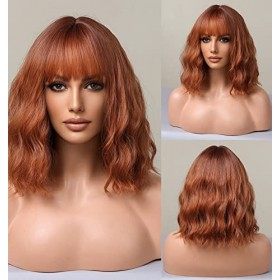 VEBONNY Copper Red Wigs with Bangs, Wavy Bob Wig, Loose Curly Auburn Wigs for Women,Ombre Ginger Color Synthetic Hair Glueles