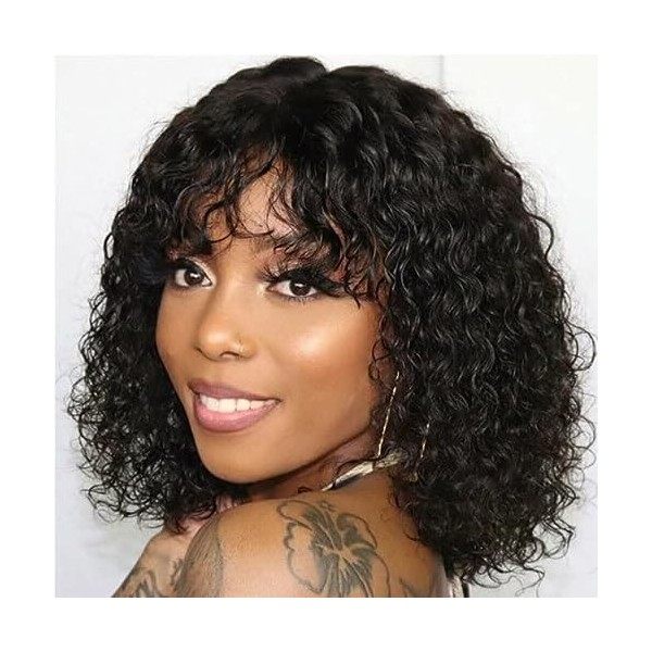 FASHION IDOL Short Curly Human-Hair Wigs with Bangs 10 Inch Jerry Curl Bob Wigs Human Hair Brazilian Virgin Human Hair None L