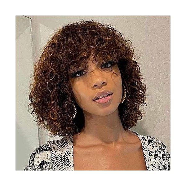 FASHION IDOL Short Curly Human-Hair Wigs with Bangs 10 Inch Jerry Curl Bob Wigs Human Hair Brazilian Virgin Human Hair None L