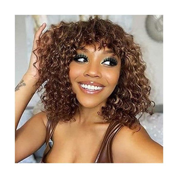 FASHION IDOL Short Curly Human-Hair Wigs with Bangs 10 Inch Jerry Curl Bob Wigs Human Hair Brazilian Virgin Human Hair None L