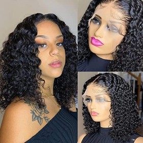 Bob Perruque Cheveux HumainJerry Curly BobWig13x 5 Lace Frontal Wig Human Hair 150% de Densité Perruque Brésilienne de Cheveu