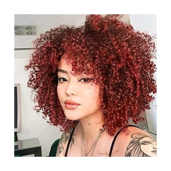 Colorfulpanda Perruque Femme Naturelle Bouclée Cheveux Kinky Curly Bob Afro Wigs pour Femme 150% Densité Perruque rouge 14 Po