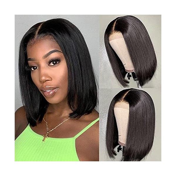 SingleBest Bresilien Perruque Lace Wig Cap - Short Bob Cheveux Noir - Meches Perruque Bresilienne Lace Wig 8 pouce 