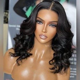 Maycaur Lace Front Wig Black Short Bob Wigs for Fashion Women Synthetic Wig Heat Resistant Soft Fiber Wavy Wigs with Natural 