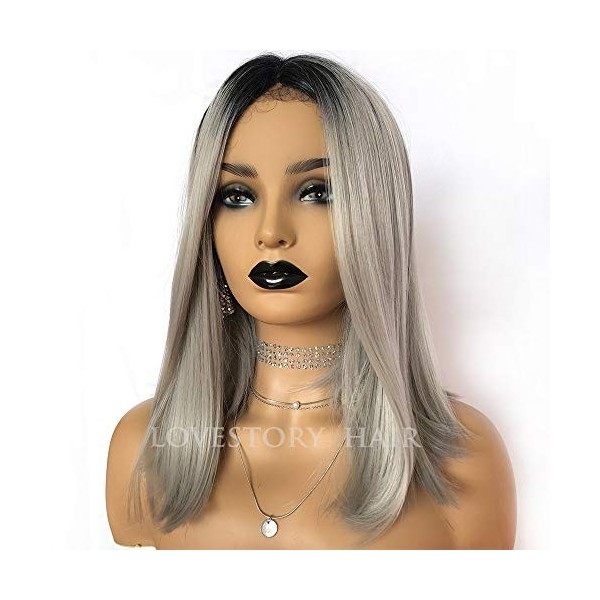 Lovestory Ombre Grey Short Bob Wigs For Women Fashion Straight Synthetic Lace Front Wigs 180 Density 14 inch 