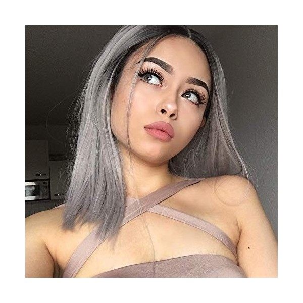 Lovestory Ombre Grey Short Bob Wigs For Women Fashion Straight Synthetic Lace Front Wigs 180 Density 14 inch 