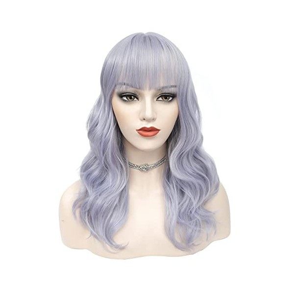 X-Tress Perruque Grise Argente avec Frange Cheveux Ondule 45cm Longue Perruque Bob Courte Body Wave Hair Short Bob Wig Synthe