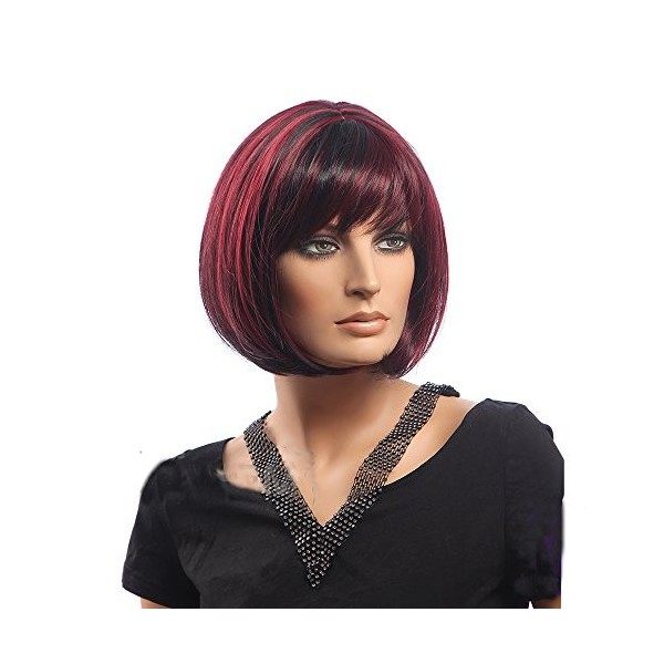 Kolight 27,9 cm Mode Bicolore Burgundy-black courte droite Bob femmes filles de remplacement de cheveux Wigs-free Cap + Peign