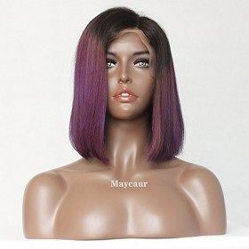 Maycaur Ombre Purple Lace Front Wigs Short Straight Full Lace Human Hair Wig Fashion Bob Wigs 150 Density 12inch lace front w