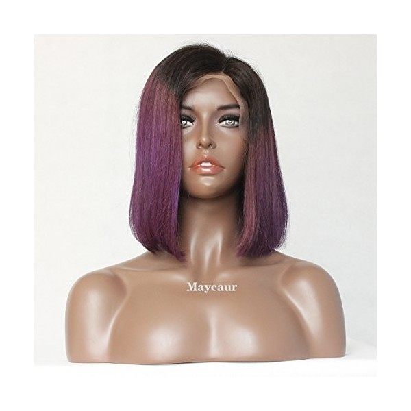 Maycaur Ombre Purple Lace Front Wigs Short Straight Full Lace Human Hair Wig Fashion Bob Wigs 150 Density 12inch lace front w