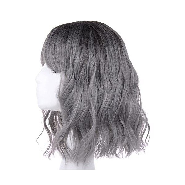 Leeven 14 Pouces Ombre Grey Bob Wig with Bangs Natural Wavy Hair Replacement Wigs with Fringe Short Grey Curly Wig for Woman 