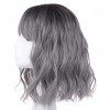 Leeven 14 Pouces Ombre Grey Bob Wig with Bangs Natural Wavy Hair Replacement Wigs with Fringe Short Grey Curly Wig for Woman 