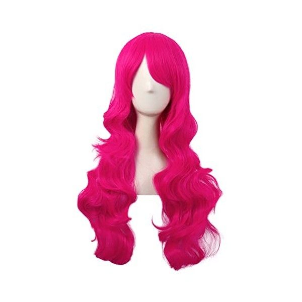 MapofBeauty 28 Pouces/70 cm Haut-température fibre Side Frange Longue Vague Bouclé Cheveux Cosplay Perruques Hot Rose 