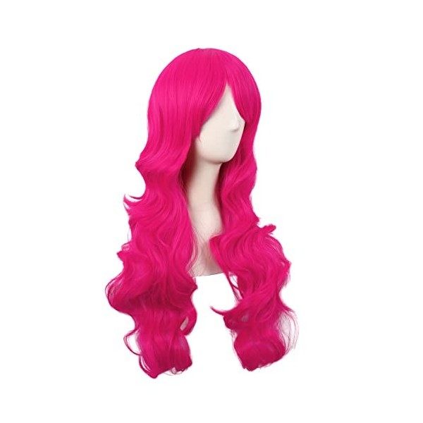 MapofBeauty 28 Pouces/70 cm Haut-température fibre Side Frange Longue Vague Bouclé Cheveux Cosplay Perruques Hot Rose 