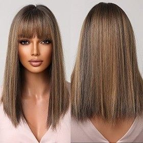 Brun mixte blond highlight perruque pour femme noire usage quotidien Straight Bob perruque avec queue de cheval foncée