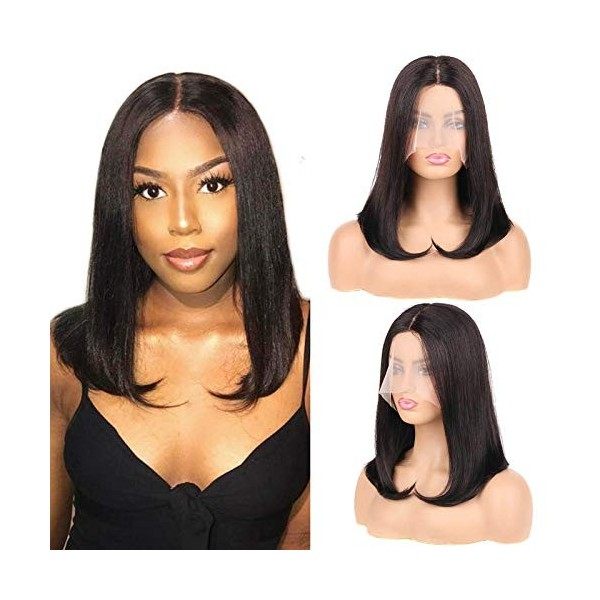 Huarisi 14”Glueless Human Hair Wigs Bob Middle Parting Wig Straight Brazilian Hair Wigs for Women Without Bang T Part Lace Wi