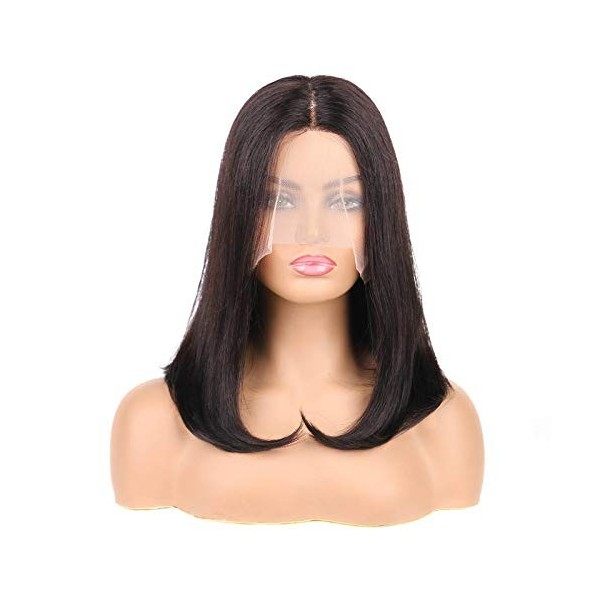 Huarisi 14”Glueless Human Hair Wigs Bob Middle Parting Wig Straight Brazilian Hair Wigs for Women Without Bang T Part Lace Wi