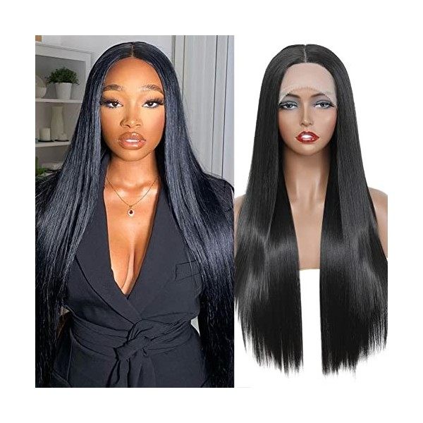 SOKU Long Straight Lace Front Perruques Synthétiques Aspect Naturel 66 cm Couleur Noire Pré-Plumé Partie Moyenne Transparent 