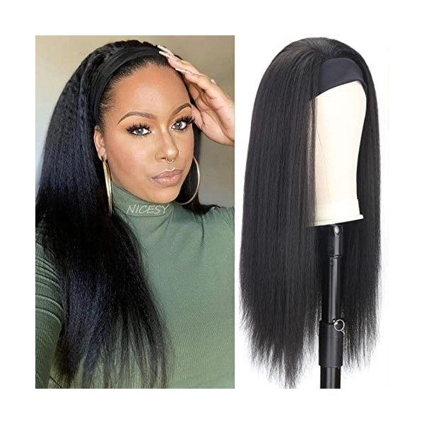 Perruques bandeau pour les femmes Yaki Long Black Afro Kinky Straight perruque dapparence naturelle perruques synthétiques a