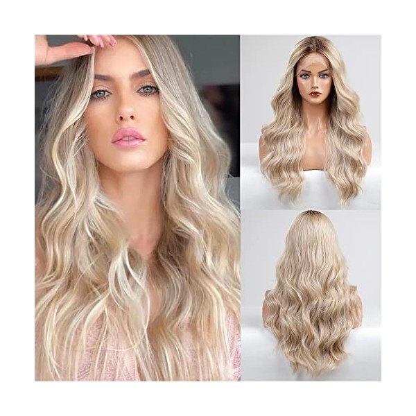 Perruque Lace Front Wig Ombre Blonde Perruque pour Femmes Perruques Synthétiques Longues Ondulées BLONDE UNICORN Partie Moyen