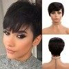 Perruques de cheveux brésiliens humains courts pour femmes noires - Coupe pixie avec frange pour cosplay, fête - 15 cm, noir 