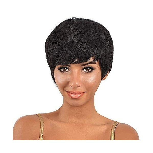 Perruques de cheveux brésiliens humains courts pour femmes noires - Coupe pixie avec frange pour cosplay, fête - 15 cm, noir 