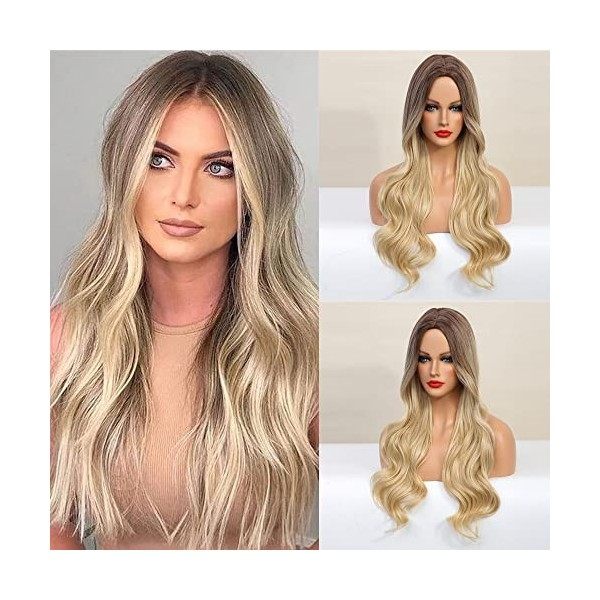 iShine Perruques longues blondes pour femmes, perruque blond platine ombré, perruque synthétique bouclée, racines foncées, fi