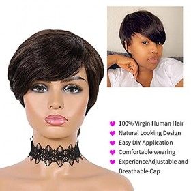 Perruques de cheveux brésiliens humains courts pour femmes noires - Coupe pixie avec frange pour cosplay, fête - 15 cm, marro
