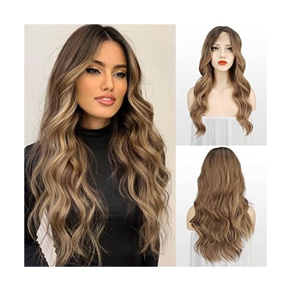 FESHFEN Perruques Brune Longue Ondulées pour Femme, Lace Frontal Naturelle Balayage Brune Perruque Cheveux Synthétiques pour 