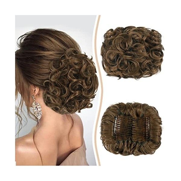 Sofeiyan Extensions a Clip Cheveux Naturel Bouclés Postiche Cheveux Peigne Postiche Cheveux Courts Ondulés Chouchou Postiche 