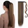 TESS Queue de Cheval Extension 60 cm, Ponytail Cheveux Naturel Lisse Hellbraun mit Aschblond Fausse Queue de Cheval 90g