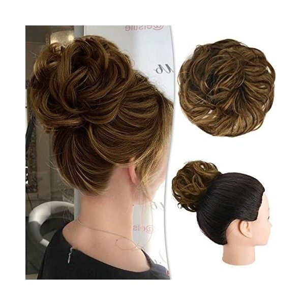 RUWISS Postiche 100% Cheveux Humains Rose Chignon pour Femmes Cheveux Humains Scrunchies Postiches Bun Bouclé Extension Queue