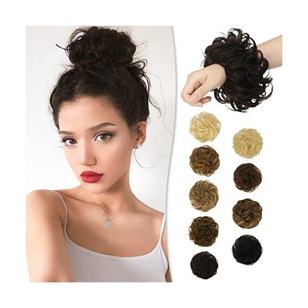 RUWISS Postiche 100% Cheveux Humains Rose Chignon pour Femmes Cheveux Humains Scrunchies Postiches Bun Bouclé Extension Queue