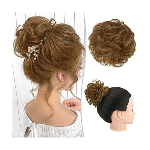 RUWISS Postiche 100% Cheveux Humains Rose Chignon pour Femmes Cheveux Humains Scrunchies Postiches Bun Bouclé Extension Queue