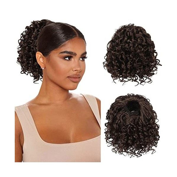 RUWISS Postiche Afro Queue de Cheval Courte Bouclés Ponytail Extension Cheveux Naturel Cordon de Serrage Clip Synthétique Raj