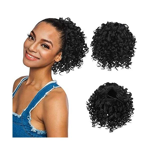 RUWISS Postiche Afro Queue de Cheval Courte Bouclés Ponytail Extension Cheveux Naturel Cordon de Serrage Clip Synthétique Raj