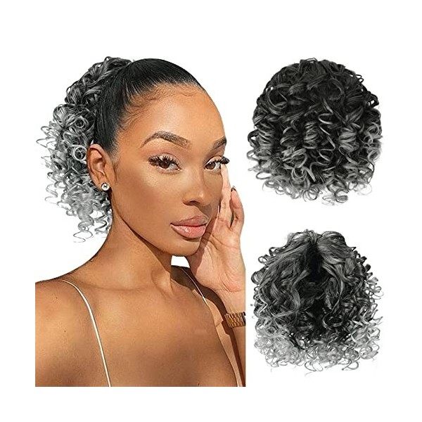 RUWISS Postiche Afro Queue de Cheval Courte Bouclés Ponytail Extension Cheveux Naturel Cordon de Serrage Clip Synthétique Raj