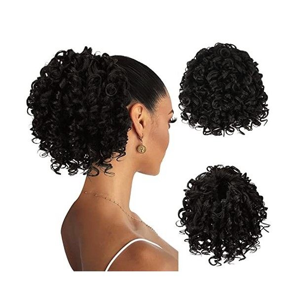 RUWISS Postiche Afro Queue de Cheval Courte Bouclés Ponytail Extension Cheveux Naturel Cordon de Serrage Clip Synthétique Raj