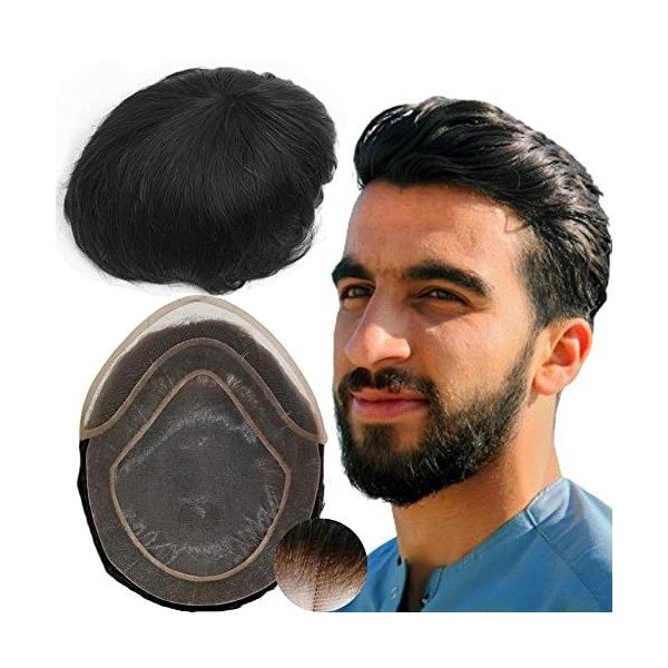 Toupet Cheveux Humains pour Hommes Yanahair Respirant Suisse Dentelle Avec PU Postiche Base Perruques,8x10 pouces de Densité 