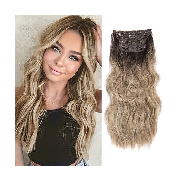 Lot de 4 extensions de cheveux synthétiques épais à clipser pour tête entière - Blond sale ombré avec racine foncée - 50,8 cm