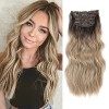 Lot de 4 extensions de cheveux synthétiques épais à clipser pour tête entière - Blond sale ombré avec racine foncée - 50,8 cm