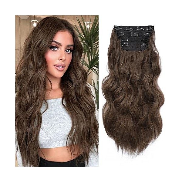 Lot de 4 extensions de cheveux synthétiques épais à clipser pour tête entière - Blond sale ombré avec racine foncée - 50,8 cm...