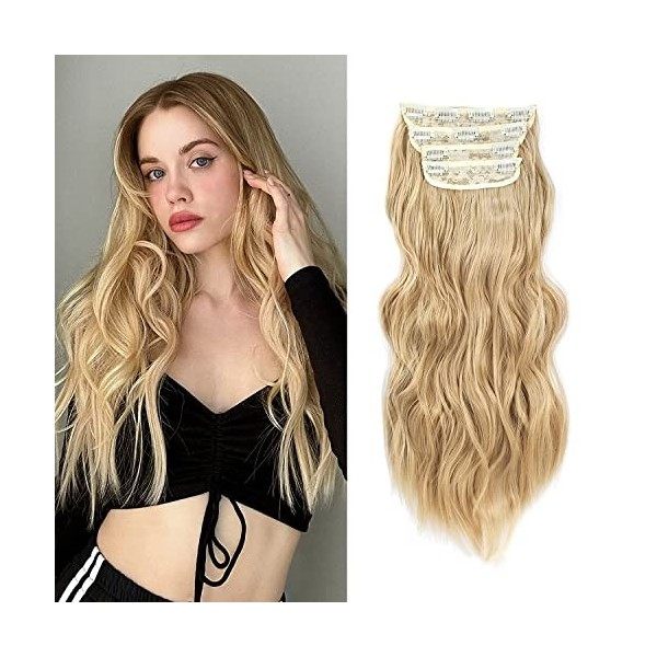 Lot de 4 extensions de cheveux synthétiques épais à clipser pour tête entière - Blond sale ombré avec racine foncée - 50,8 cm