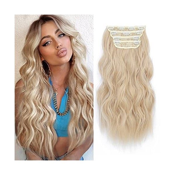 Lot de 4 extensions de cheveux synthétiques épais à clipser pour tête entière - Blond sale ombré avec racine foncée - 50,8 cm