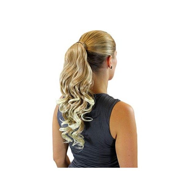 WIG ME UP - Extension natte queue de cheval ondulée légèrement bouclée blond foncé nouveau système avec peigne et bandeau 45 