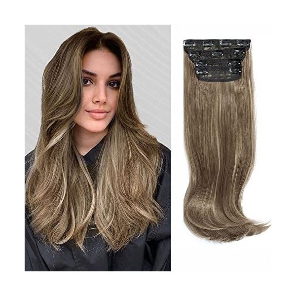Lot de 4 extensions de cheveux à clipser pour femme - Cheveux longs et raides - Cheveux longs et épais - Fibre synthétique on...