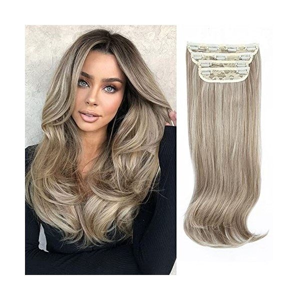 Lot de 4 extensions de cheveux à clipser pour femme - Cheveux longs et raides - Cheveux longs et épais - Fibre synthétique on...