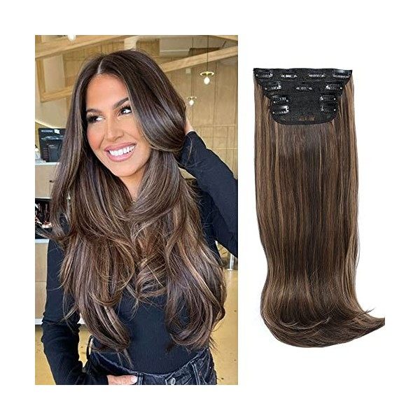 Lot de 4 extensions de cheveux à clipser pour femme - Cheveux longs et raides - Cheveux longs et épais - Fibre synthétique on...