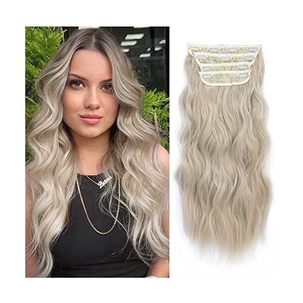 Lot de 4 extensions de cheveux à clipser pour femme - Cheveux longs et raides - Cheveux longs et épais - Fibre synthétique on